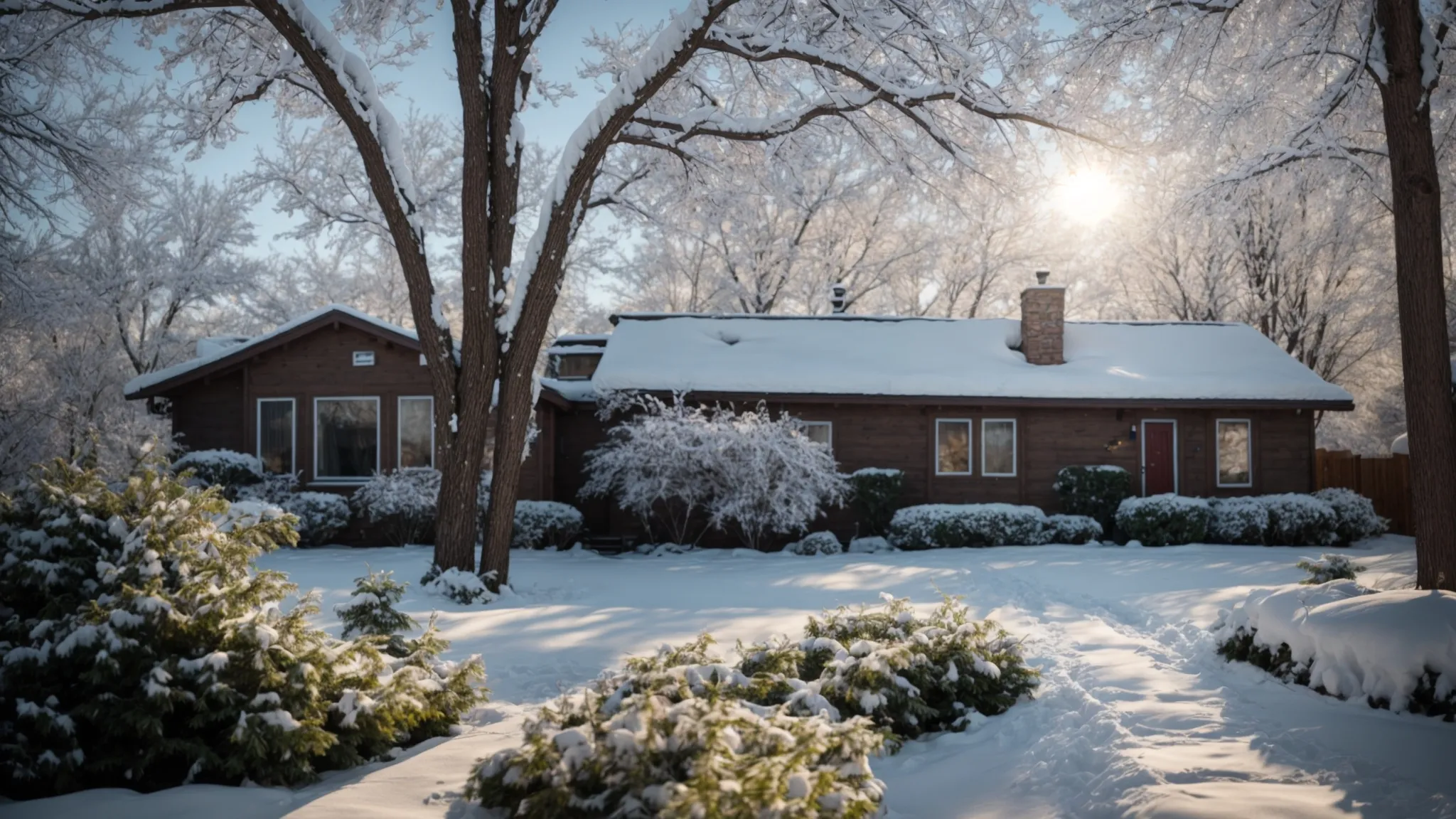 a vibrant landscape showcases expertly trimmed trees in a snow-dusted yard, highlighting the importance of tree trimming for health and safety with clear driveways and a serene winter atmosphere.