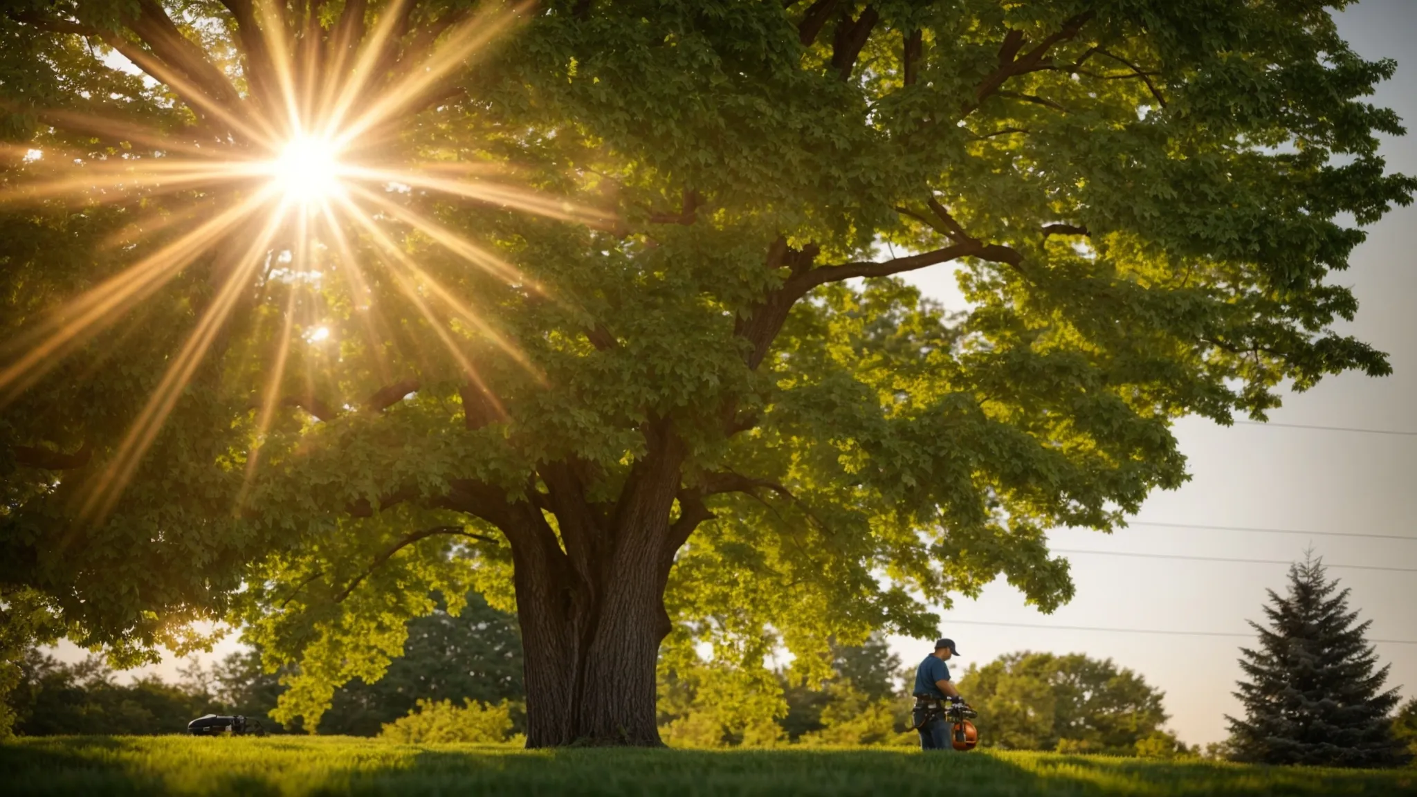 a vibrant scene of a lush green landscape in menomonee falls, showcasing a professional tree trimming service expertly pruning a tall, healthy tree under the warm glow of golden hour sunlight.